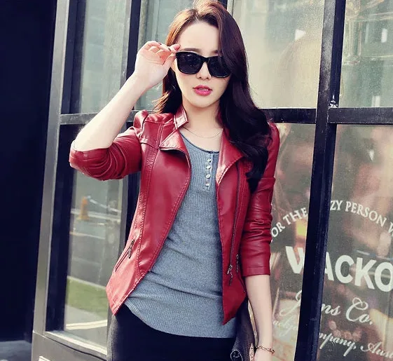 

VOLALO 2023 Women Leather Jacket Solid Color Black Wine Red Classical Female Leather Coat Outwear Autumn Jackets