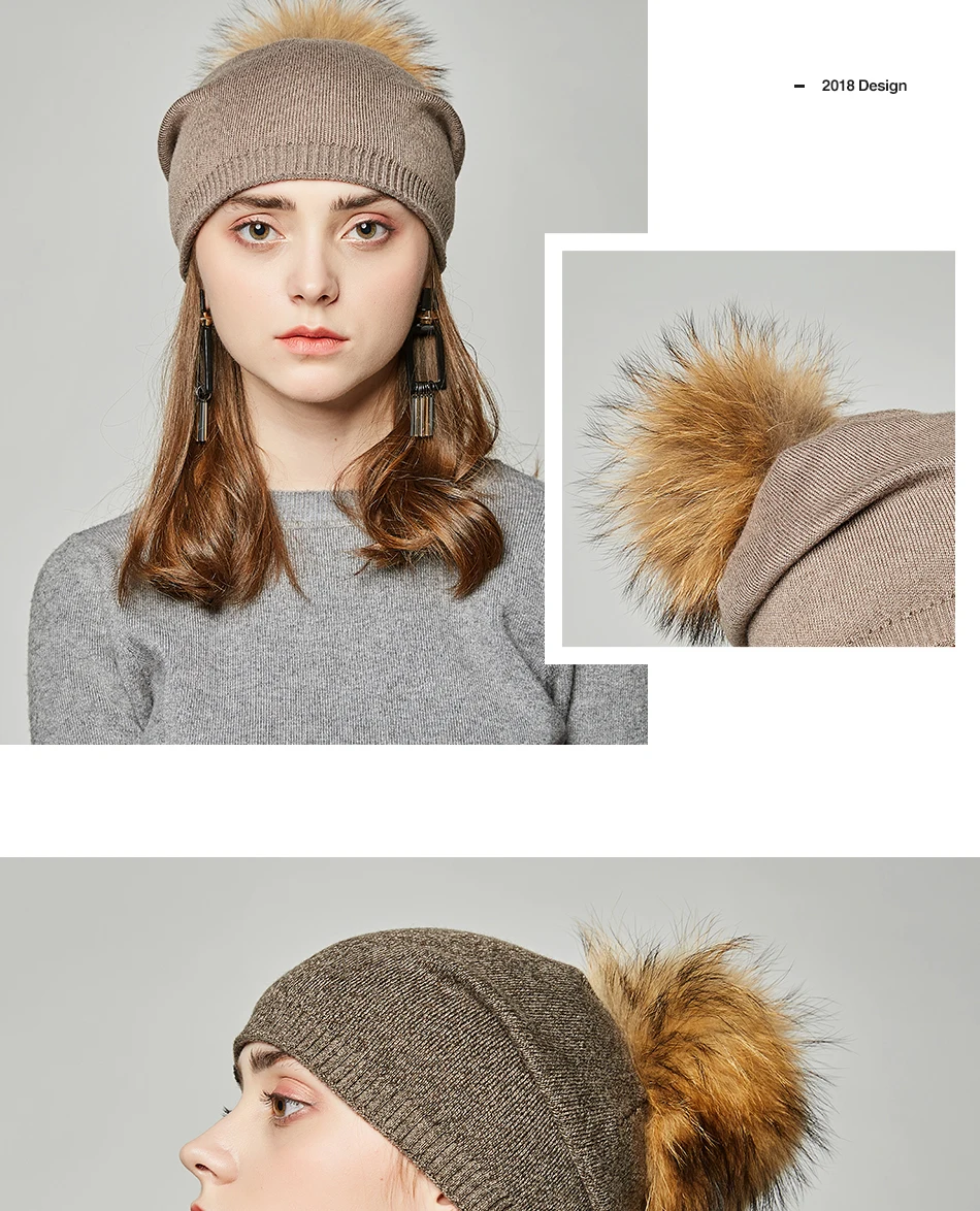 Осень Зима шапочки Hat Настоящее енот лиса меховой помпон однотонные лыжных gorros шапки унисекс вязаный шерстяной skullies Повседневная Cap