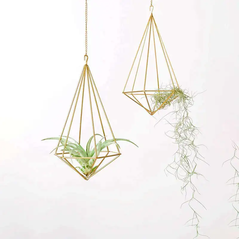 Hanging Air Plant Holder Modern Geometric Planter With Chain Tillandsia Container Himmeli Wall Decor, Gold