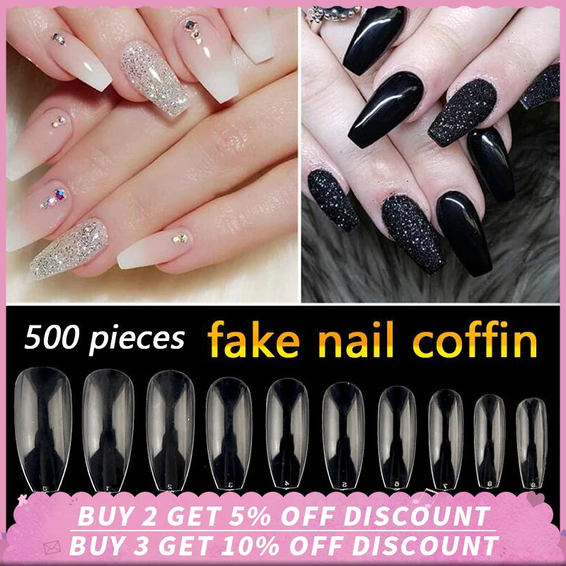

500 шт./пакет, накладные ногти для балерины, прозрачные/натуральные накладные ногти, гроб, искусственные ногти, полное покрытие, маникюр, фран...