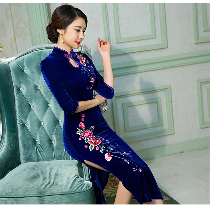 Для женщин большой размеры длинные бархатные Cheongsam вышивка мать Стенд воротник Длинные Qipao платье Половина рукава свадебный банкет 3XL 4XL