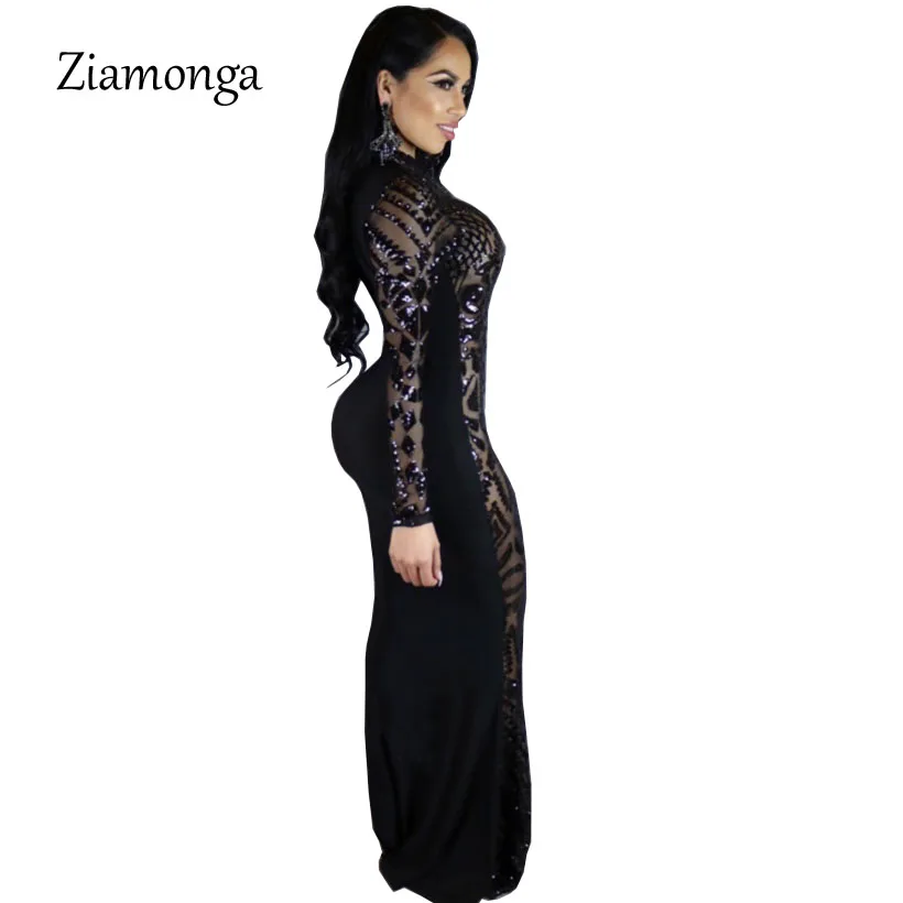 Ziamonga Euramerican Style Sequin Maxi Dress Vestidos Sexy Vintage Round Neck Long Sleeve Sheath Floor Length Bodycon Club | Женская