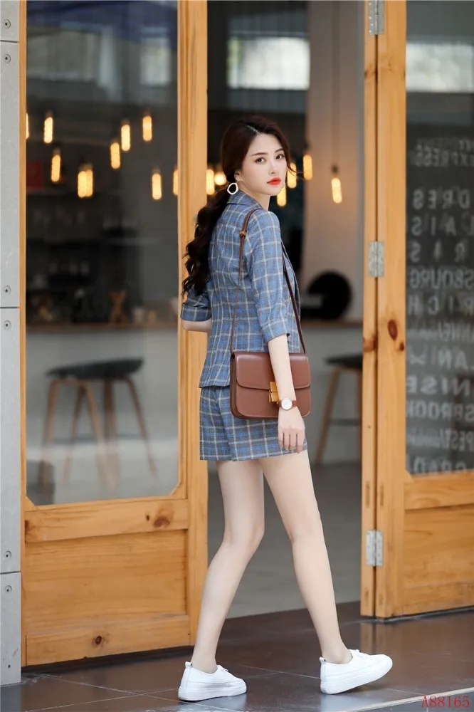 

Fashion Plaid Women Business Suits 2 Piece Sets With Shorts and Jackets Coat 2019 Spring Summer Professional Pantsuits Blazers