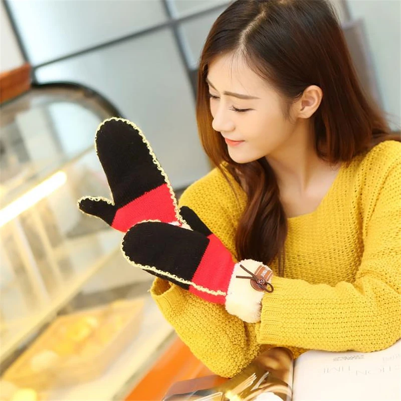 DoreenBow Knitted Winter Mintens Gloves Lovely Warm Fashion Women Girls Wool Spliced Button Green Black Pink 1 Pair | Аксессуары для