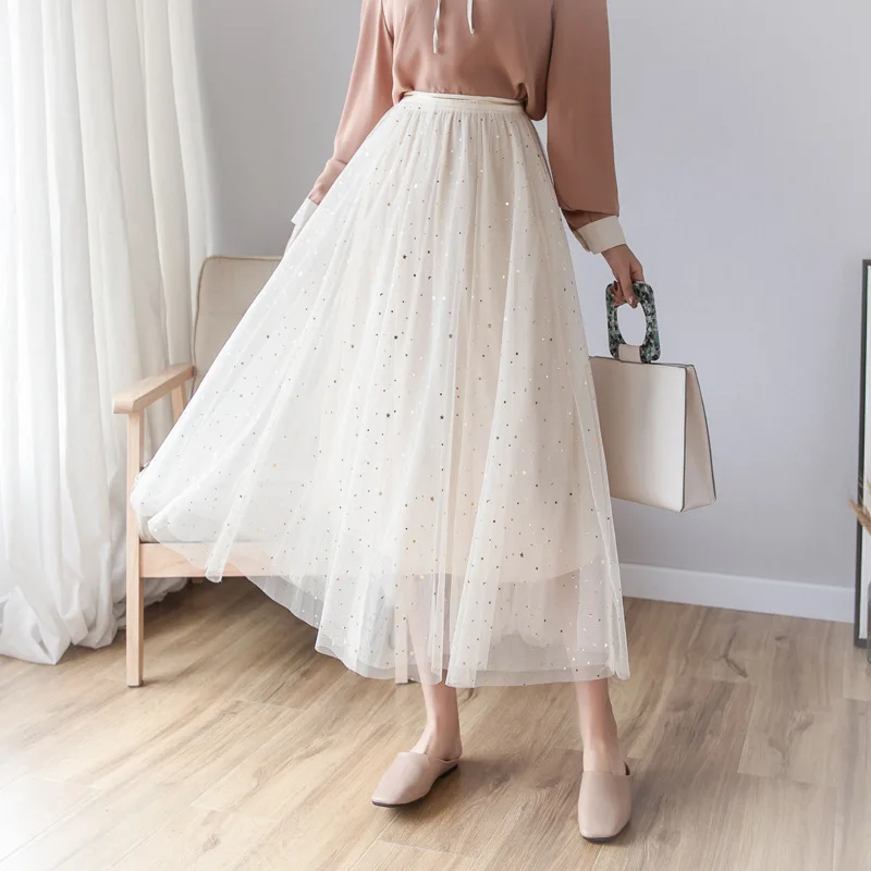 

#1525 Long Tulle Skirt For Woman Summer High Waist Elastic Pleated Sequined Boho Skirts Ladies Women Mesh Skirt Maxi Femme Beach