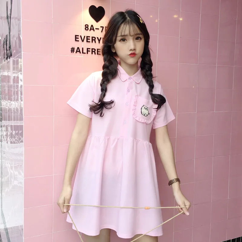 Розовое милое платье с вышивкой в виде кота женские платья Ins Girl Kawaii Ulzzang Женская