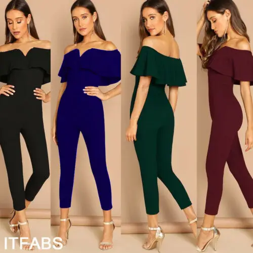 

Fashion Clothes Women Ladies Short Sleeve Off Shoulder Jumpsuit Stretch Bodycon Skinny Solid Romper Long Pants Outfits