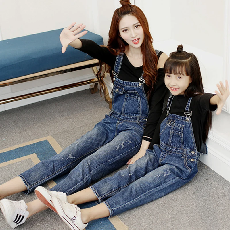 

Family matching clothes casual overalls kid jumpsuit jeans mother and daughter matching clothing long pants mom and girl fashion