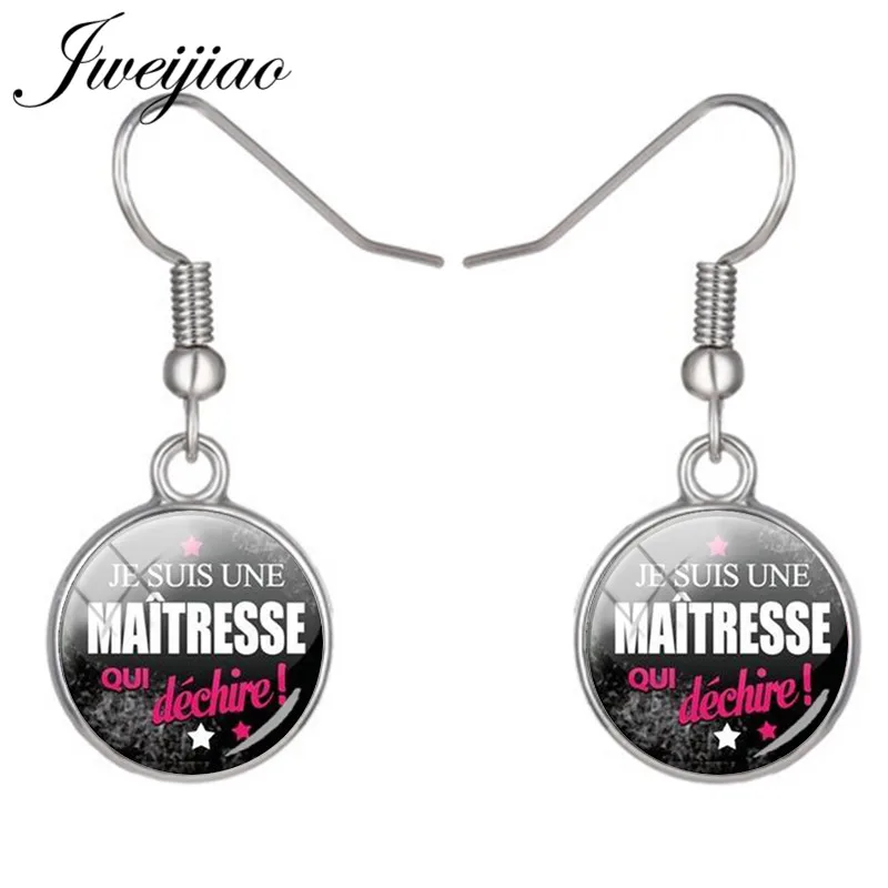 JWEIJIAO French&quot Je Suis Une Super Maitresse&quot Dangle Earrings Glass Dome Pendant Drop For Teachers Jewelry Gift JE22 | Украшения и