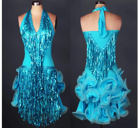 Turquoise Женское платье для латинских танцев, профессиональный костюм для женщин с бахромой, костюм самбы, Женский танцевальный зал состязание, платья с кисточками - Цвет: Turquoise