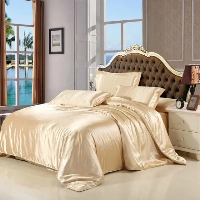 sale classic imitate silk feel satin solid coffee pink purple bedding set king size duvet cover bedclothes bed sheet set55 | Дом и сад