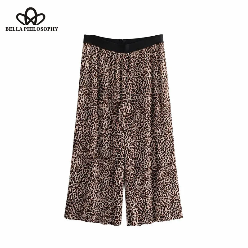 

Bella Philosophy 2018 Vintage Leopard Print Pleated Cropped Wide Leg Pants Elastic Waist Lady Calf Trousers Pantalones Mujer