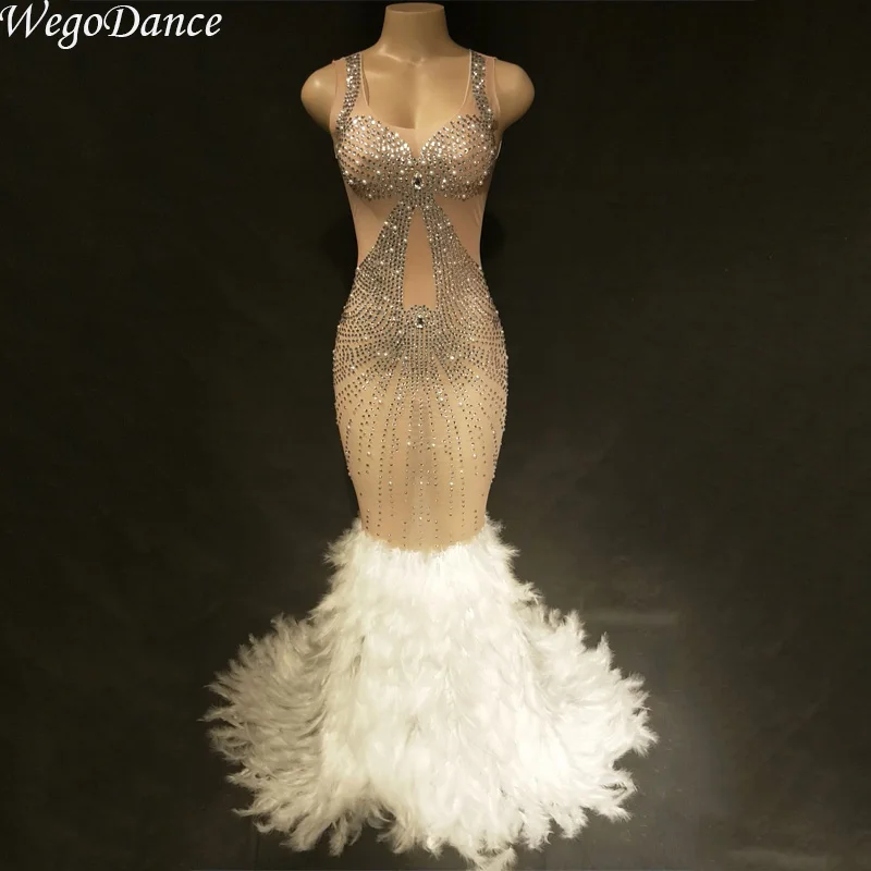 

new Sexy Pearls Rhinestones full White Feather mesh Dress Women Birthday Party Celebrate Outfit Singer Costume Stage Show Dress