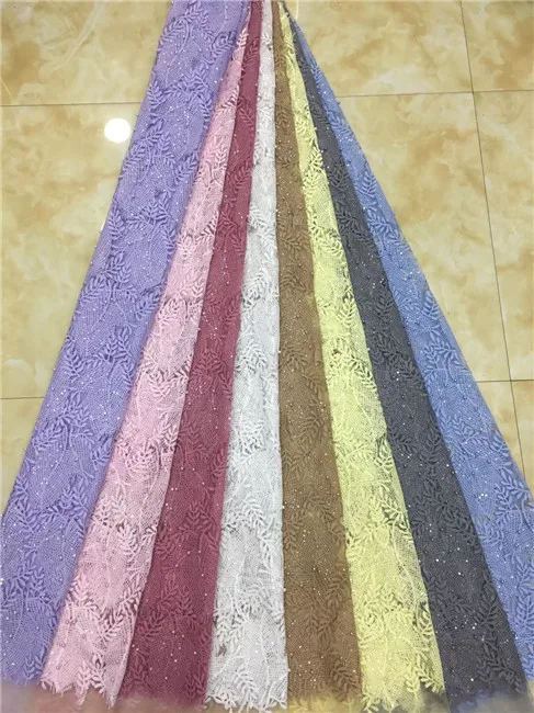 

2019 latest French African lace fabric with sequins, high quality African beaded chiffon lace fabric for wedding-X3