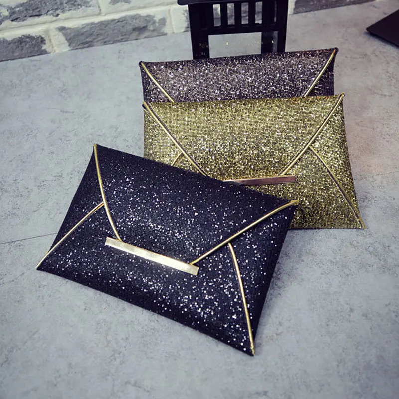 Простой Модный женский клатч конверт однотонная кожаная сумочка с блестками для