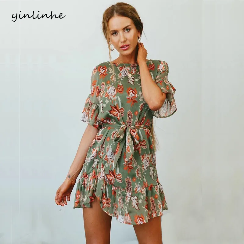 Yinlinhe зеленое летнее платье с цветочным рисунком короткий рукав 2018 пояс тонкая