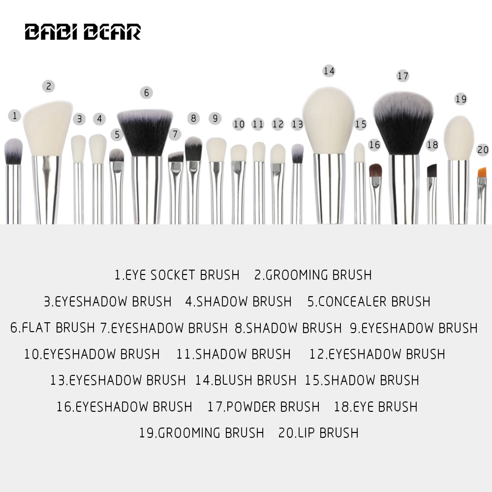 BABI BEAR 20 шт. серебристые/черные кисти набор инструментов тени для век основа