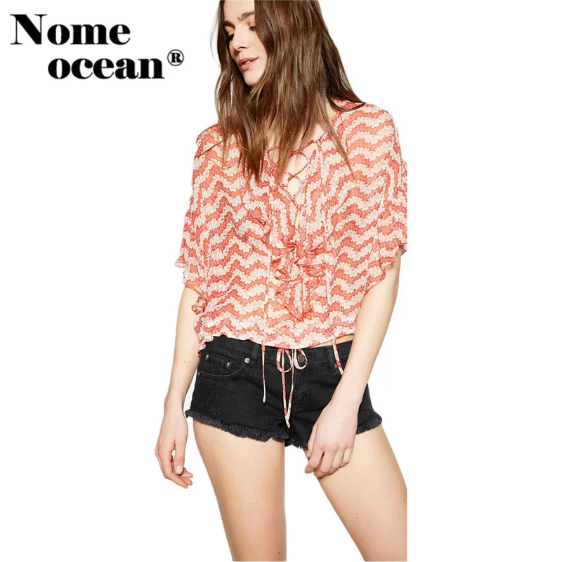 Волнистые полосатые шифоновые блузки с цветочным узором на шнуровке v образным