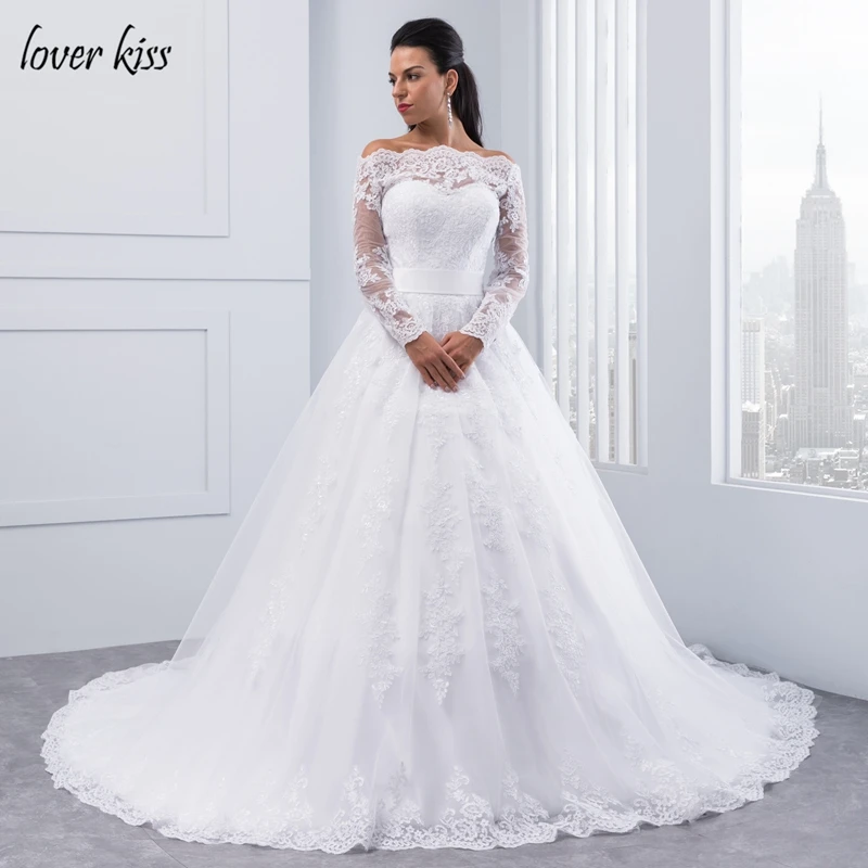

Lover Kiss Vestido De Noiva Ball Gown White Princess Wedding Dress Long Sleeve Off Shoulder 2021 Bride Dress Robe de Mariage
