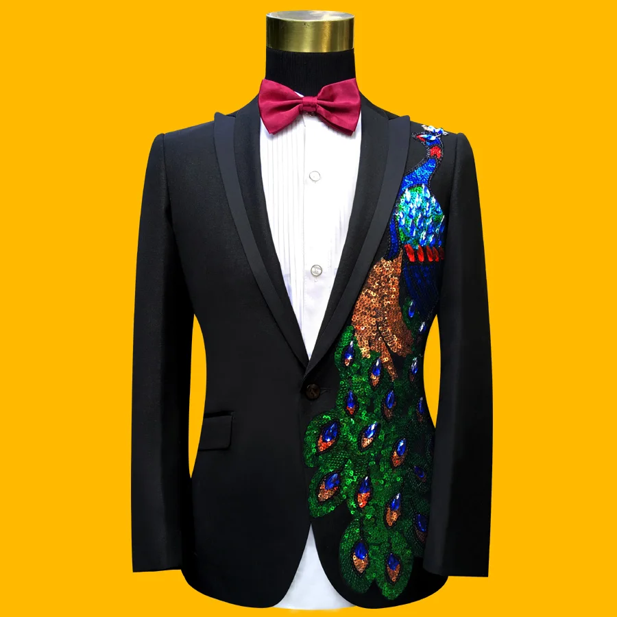 Sequin Tudedo Jacket + Pant 2016 New Beads Peacock Sequins Wedding DJ Stage Mens Prom Suits Plus Size 3XL Costums Homme | Мужская одежда
