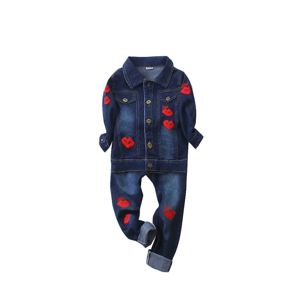 2019 Kids Girl Clothes Outfits Red kiss Sleeve denim Jacket Tops +Denim Jeans Pants Spring Autumn 2pcs set 4 5 6 7 8 9 10 years | Детская