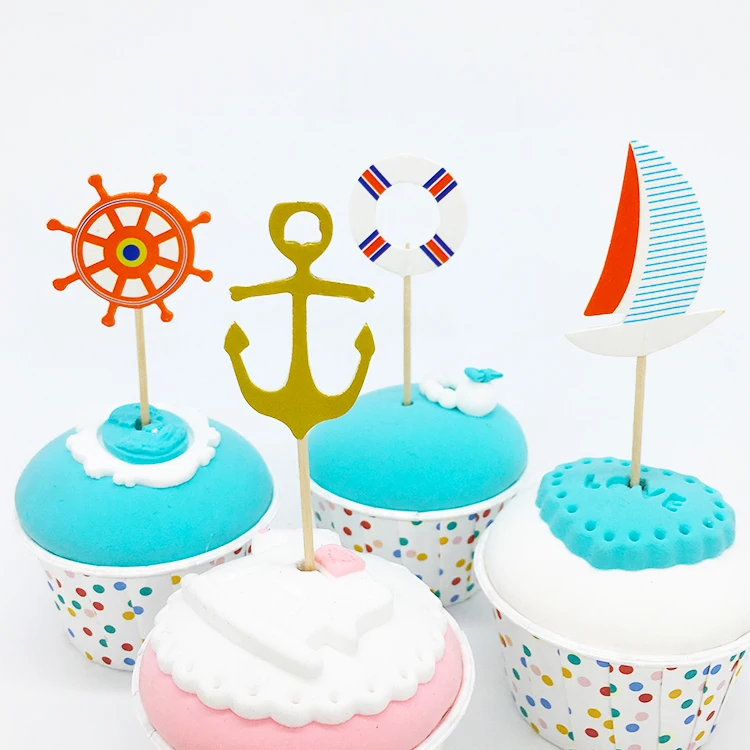 24 шт./лот парусная лодка и Якорь Дизайн торт/капкейк топперы мультфильм