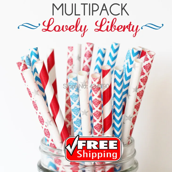 

250pcs Mixed 5 Designs LOVELY LIBERTY Themed Paper Straws -Chevron,Damask,Blue,Stripe,Stars,Red,Independence Day,Partiotic