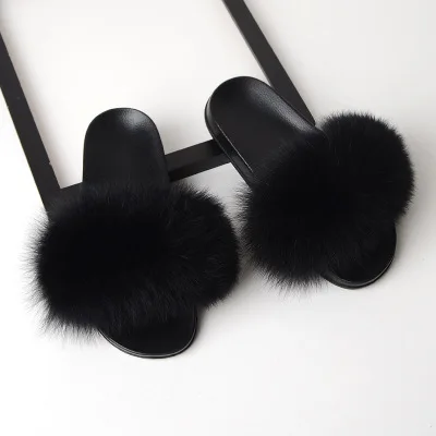 fox fur slides Женские летние тапочки на плоской подошве; тапочки из натурального Лисьего меха; женские тапочки с толстым ворсом; нескользящие домашние тапочки; серебристая подошва - Цвет: fox fur slides