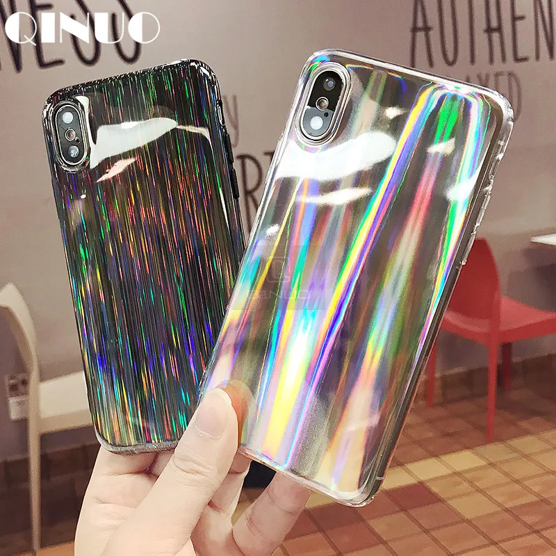 QINUO Trend Gradient Holographic Case For iPhone X XS Max XR 5 5S Se 7 8 6 6S Plus Rainbow Laser Soft TPU Back Cover Shell | Мобильные
