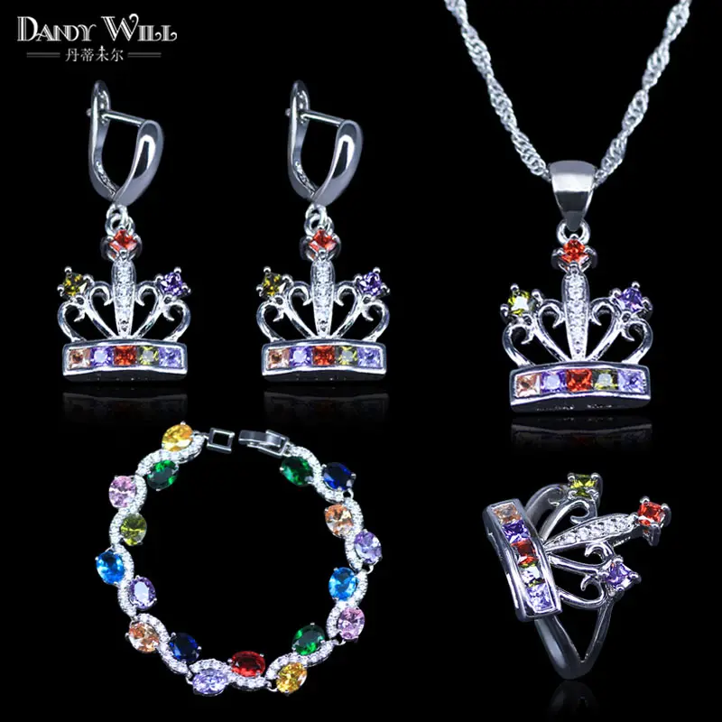 Trendy Crown Colorful Cubic Zirconia Silver Color Jewelry Sets For Women Jewellry Earrings Bracelet Necklace Ring | Украшения и