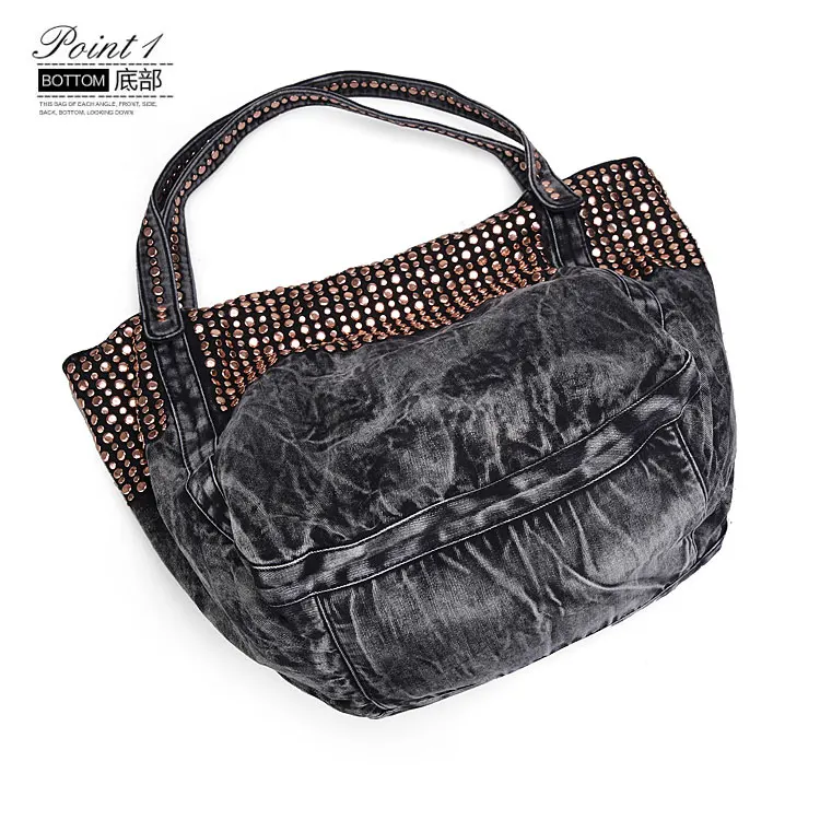 Женская джинсовая сумка с заклепками винтажная однотонная Сумка тоут на плечо в