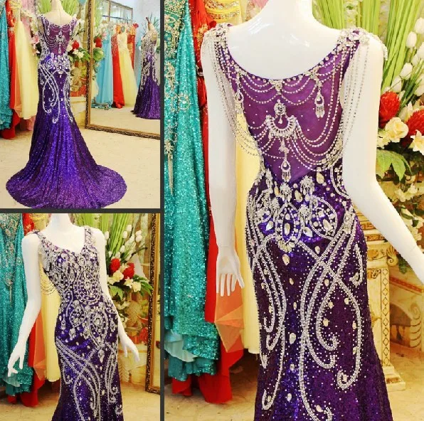 

Custom Made Purple Mermaid Crystal Beaded Sequin Diamond Evening Dresses Party Dress Luxury Sexy 2021 New 100% Real Photos JO3M