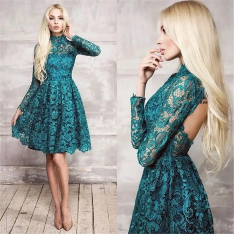 High Neck Backless Lace Short Prom Dress A-line Long Sleeve Cocktail Party Dresses | Свадьбы и торжества