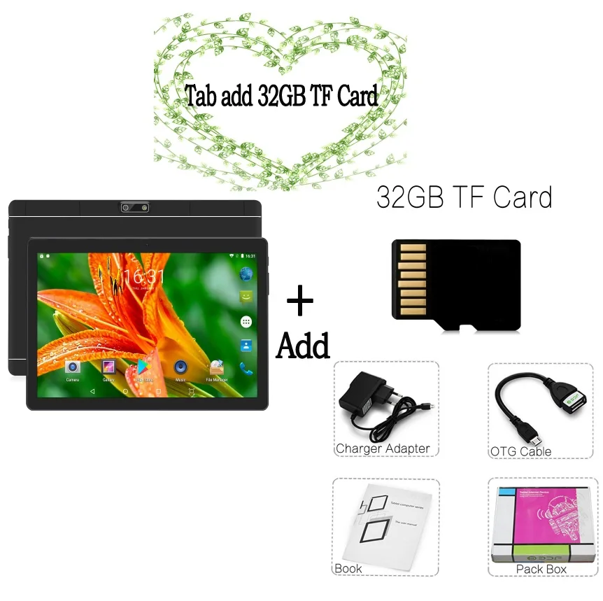 And 32GB TF Card Планшет, 10,1 дюймов, LTE, 4G, планшеты с телефонными звонками, четыре ядра, Android 7,0, планшетный ПК, 4G+ 64G, WiFi, gps, Bluetooth, две sim-карты, ips экран, 7, 8, 10 - Комплект: And 32GB TF Card