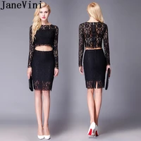 janevini sexy long sleeve cocktail dresses black lace short mini robe cocktails courte 2 pieces plus size women party gowns 2019