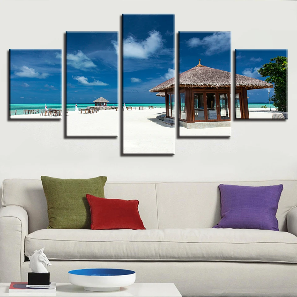 

Wall Art HD Printing Painting 5 Pieces Wood Pavilion And Beach Blue Sky White Cloud Seascape Modular Canvas Pictures Decor Home