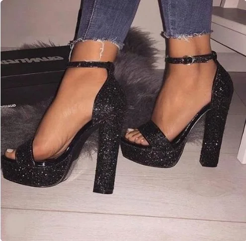 Sexy Black Sparkle Platform Heels Women Square Sandals Cut-out Peep Toe Ankle Strap Glitter Wedding Shoes Bride Plus Size | Обувь
