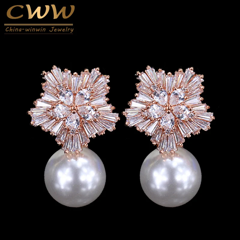 

CWWZircons Brand Fashion Rose Gold Color Sparkling Large Cubic Zirconia Women Flower Big Earrings With Pearl CZ205