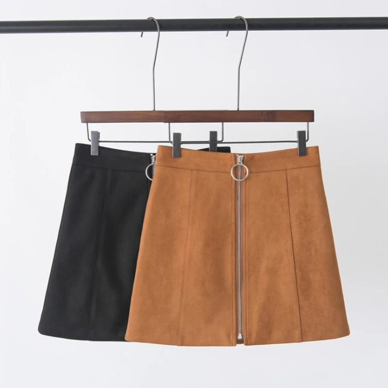 Новая осенняя и зимняя бархатная Женская юбка с молнией спереди короткая кожаная
