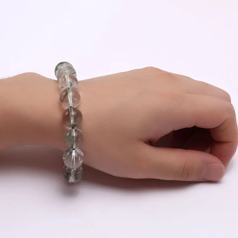 

JYX Natural Phantom Crystal Elastic Bracelet 13mm Round Green Crystal Beads Thread Bracelet Summer Accessory 8"