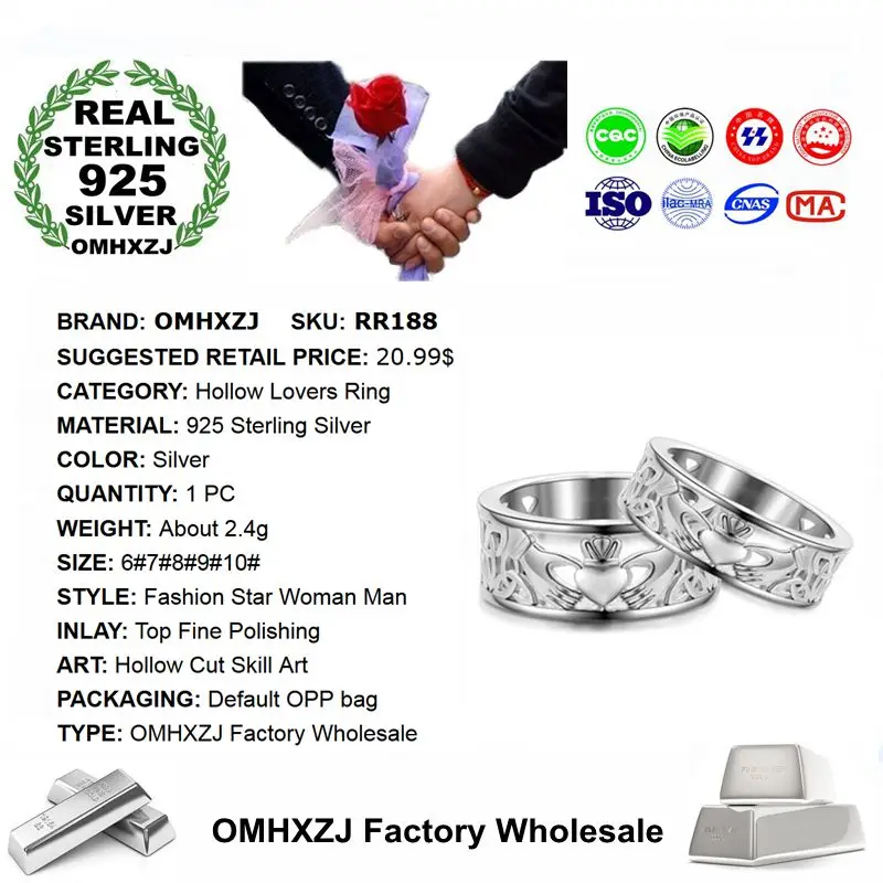 OMHXZJ Wholesale European Fashion Woman Man Party Wedding Gift Silver Hollow Heart Lovers 925 Sterling Ring RR188 | Украшения и