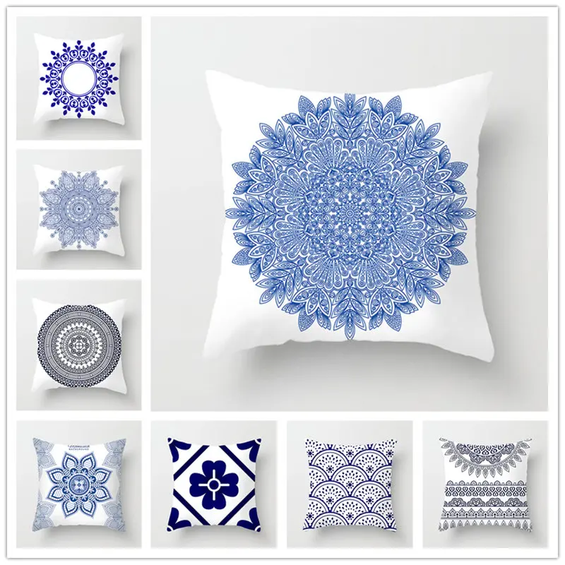 Наволочка Houspace из полиэстера персиковая кожа сине-белая фарфоровая наволочка