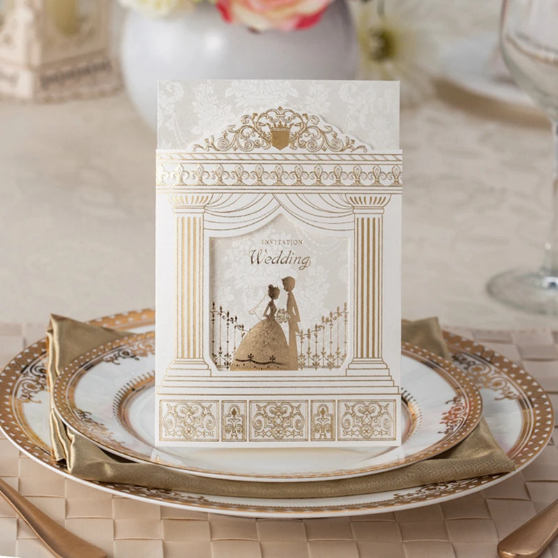 12 шт. золото вертикальные Жених и невеста Винтаж свадебные приглашения BH1118|card games