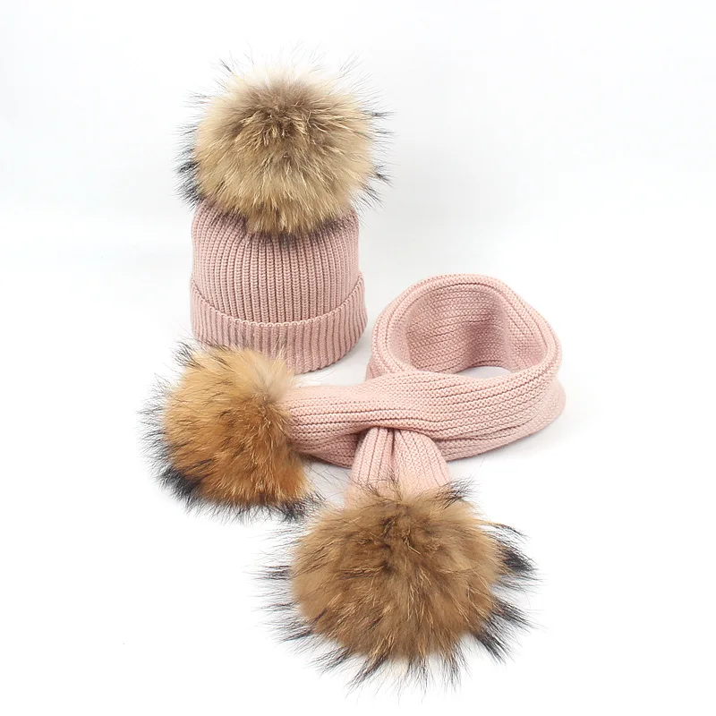 

Children Winter Warm Knitted Hat Cap with Scarves Thickened Wool for 6M- 6 Years Old Girls Boys Fur pompoms hats Scarf set