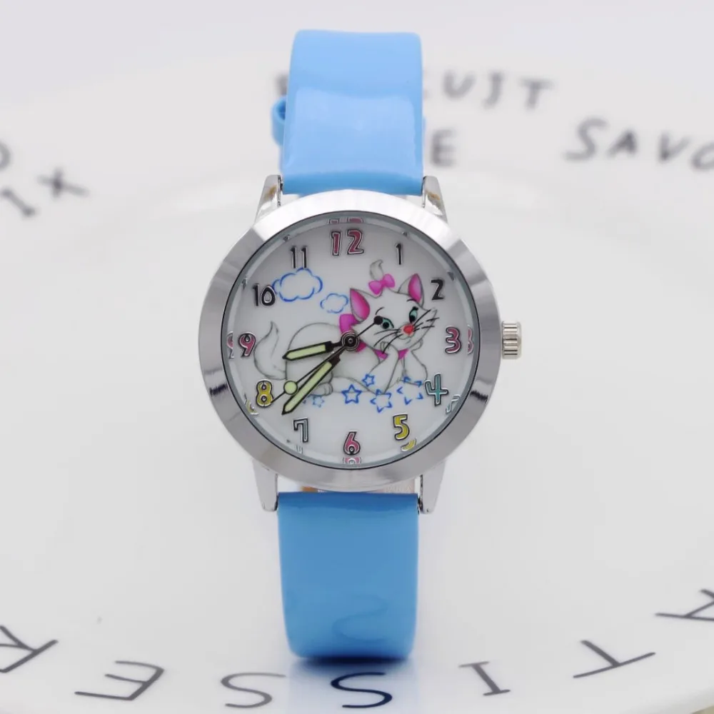Милые Мультяшные кварцевые часы с кошкой детские кожаные рисунком кота женские