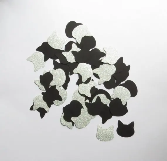 

Silver Glitter And Black Confetti Cat Heads - 1" Inch Kitty Face Shape Party Decor Cute Decorations Diecuts Die Cuts Cardscft
