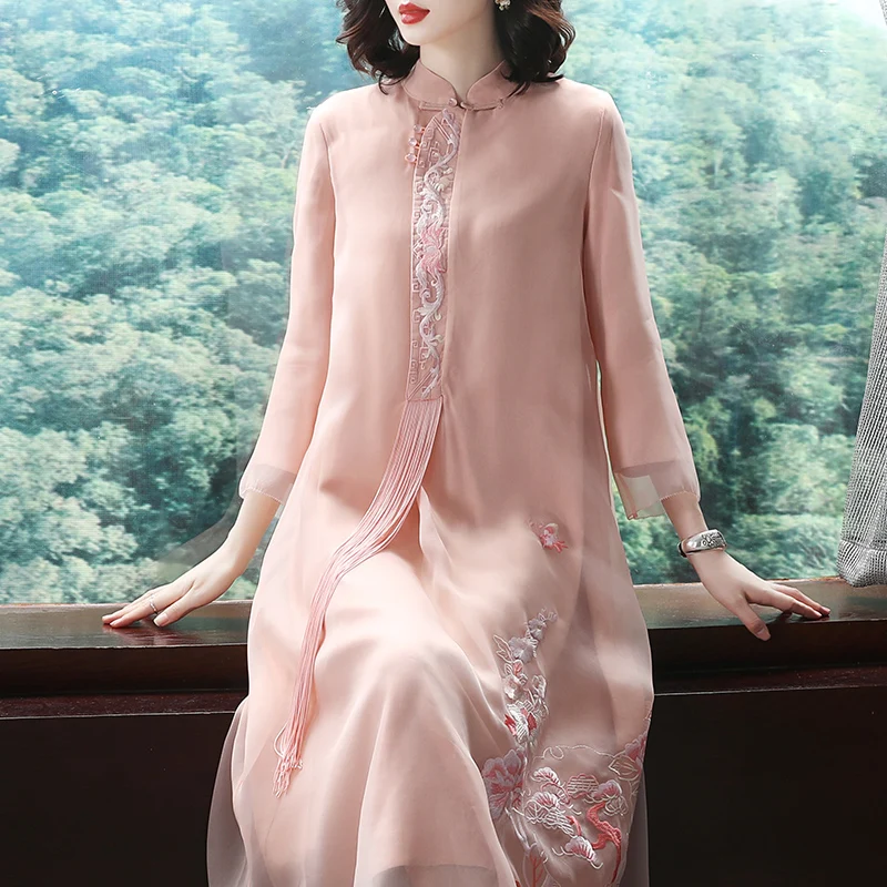 

Robe Vintage Femme Autumen Elegant Chinese Dresses Stand Collar Tassels Cheongsam Dress Fairy Vestidos AA4544