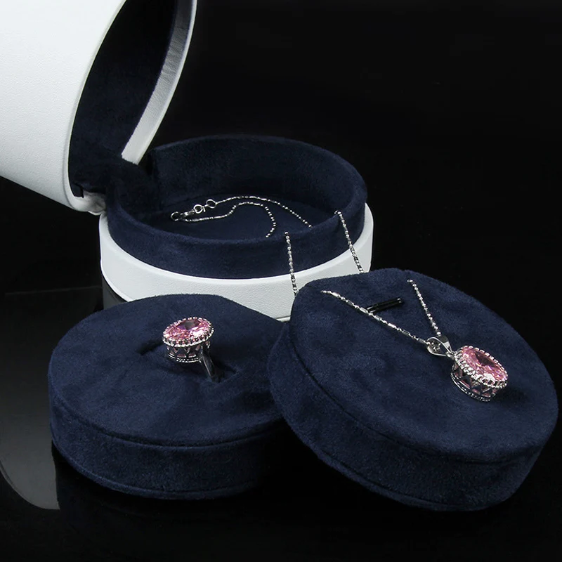 

White Pu Leather Blue Wedding Velvet Ring Cylinder Box Valentine's Day Jewellery Pendant Necklace Packaging Display Boxes