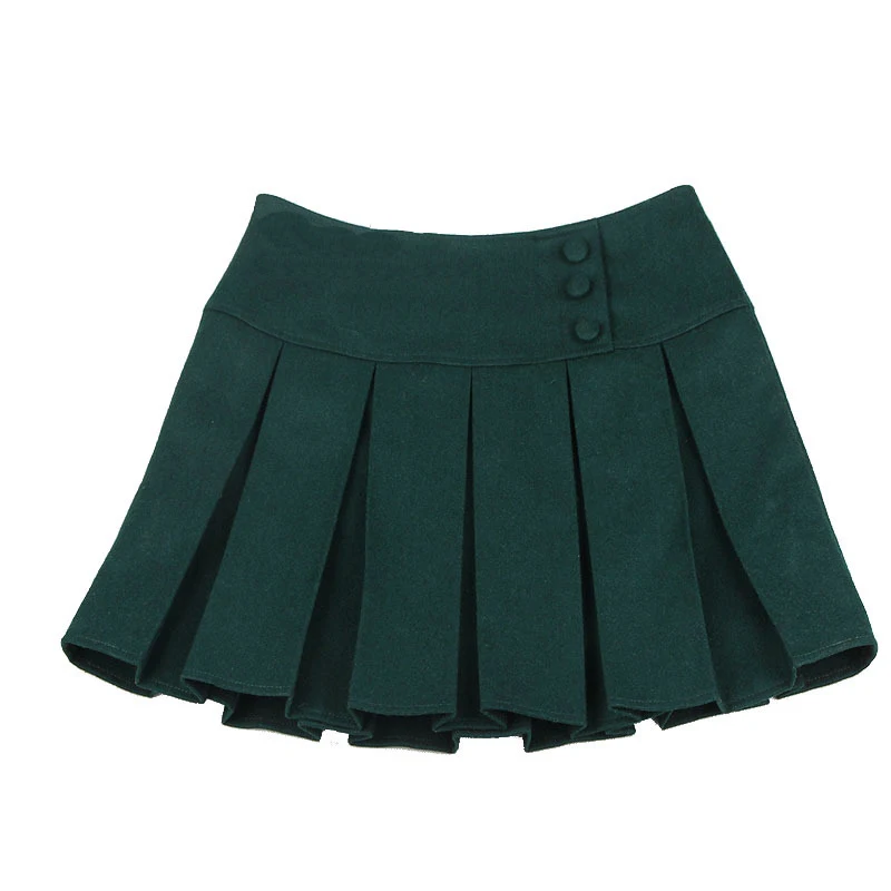 Green Skirt 3 цвета, зимние юбки, Женская Осенняя Модная брендовая однотонная плиссированная мини короткая теплая шерстяная юбка на молнии с закрытыми пуговицами - Цвет: Green Skirt