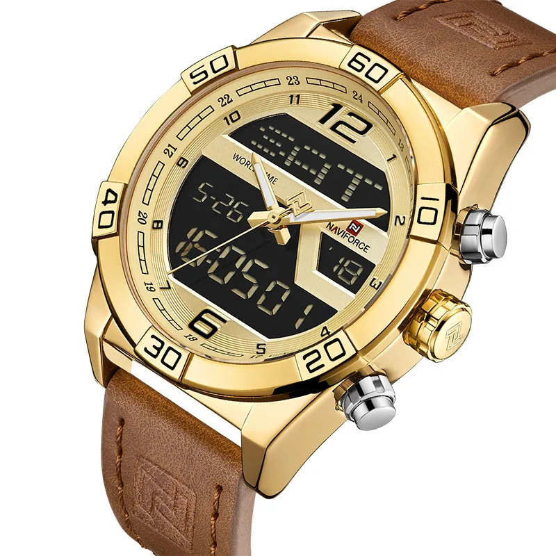 Gold Gold Топ люксовый бренд NAVIFORCE мужские s часы мужские кожаные спортивные часы водонепроницаемые кварцевые цифровые часы мужские армейские военные наручные часы - Цвет: Gold Gold
